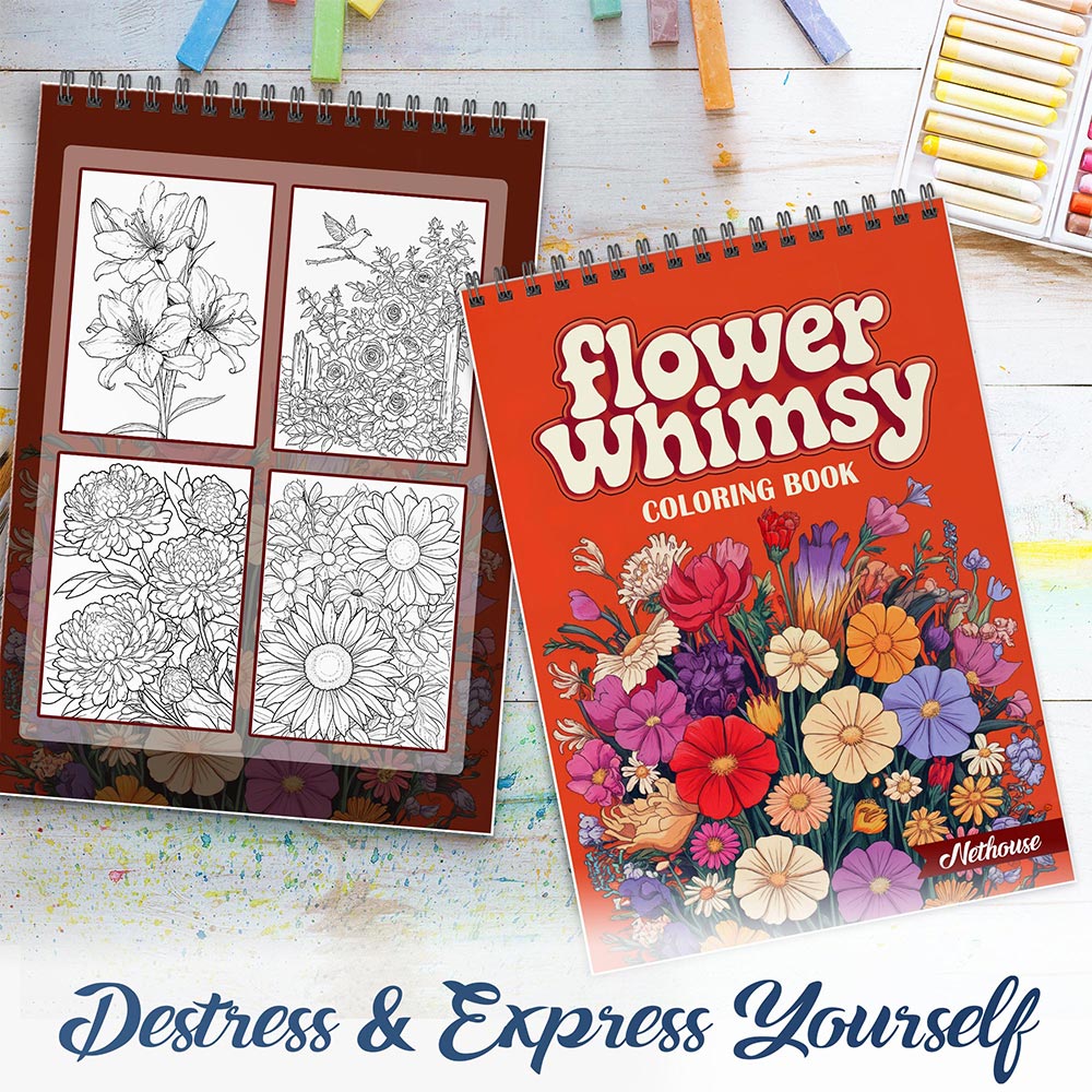 NETHOUSE Flower Whimsy Spiral Coloring Book For Adults