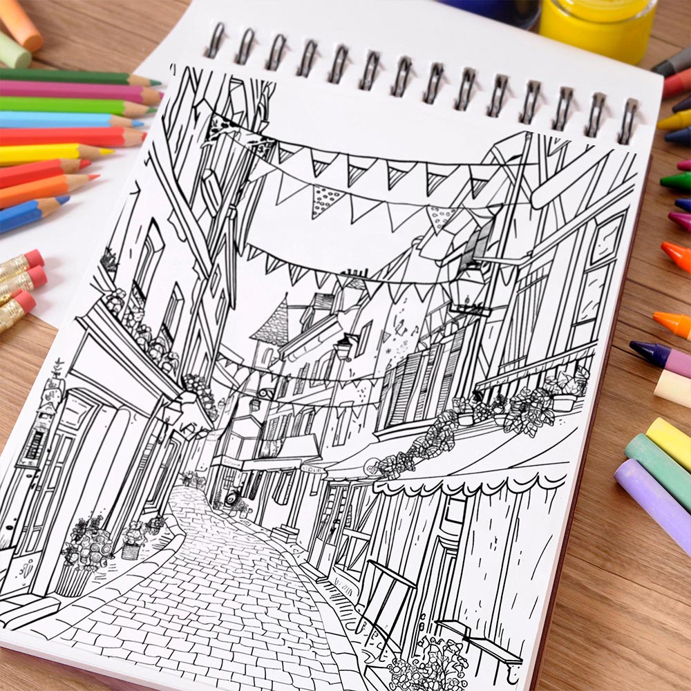 NETHOUSE French Town Coloring Book Spiral Bound For Adults