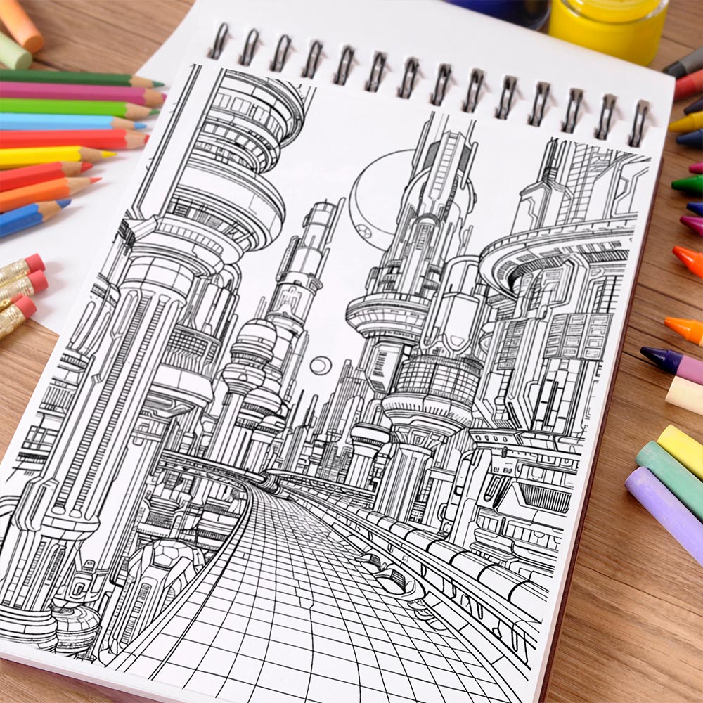 NETHOUSE Futuristic City Coloring Book Spiral Bound For Adults