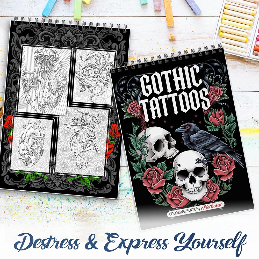 NETHOUSE Gothic Tattoos Spiral Coloring Book for Adults