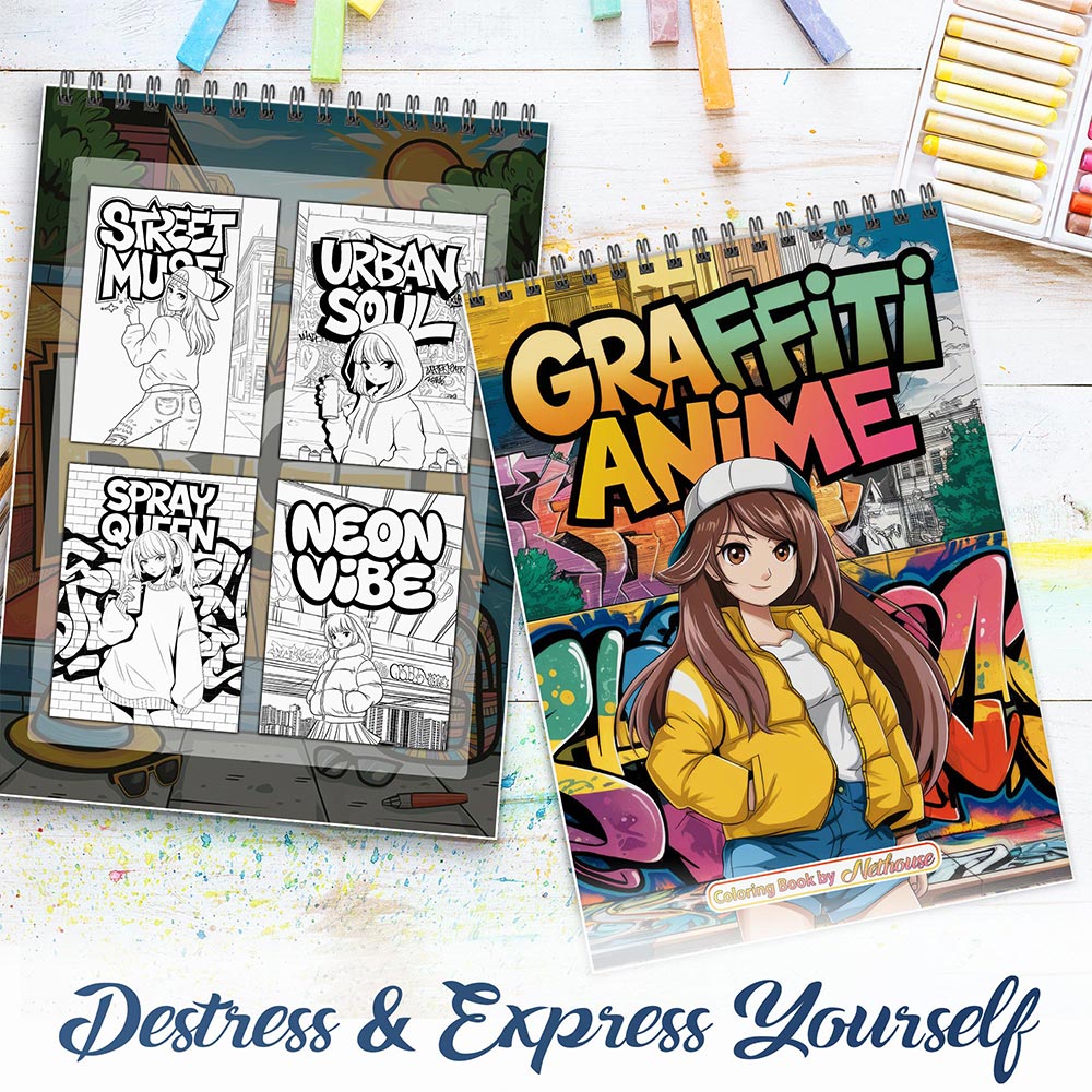 NETHOUSE Graffiti Anime Spiral Coloring Book For Adults Relaxation & Stress Relief