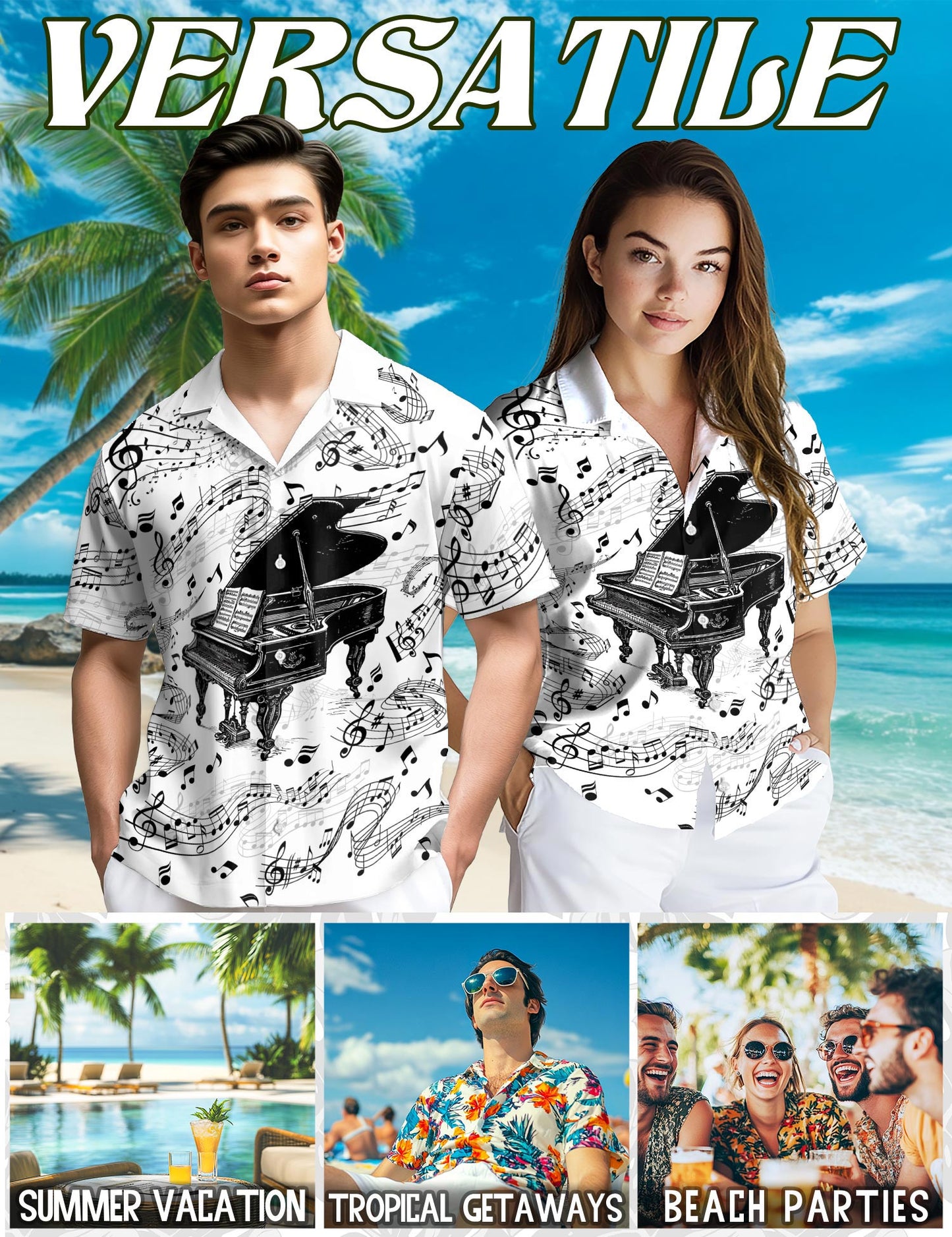 Netecom Grand Piano Hawaiian Shirt for Men, Piano Lover Gifts, Musical Instrument Button Down Summer Aloha Beach Shirts, S-5XL