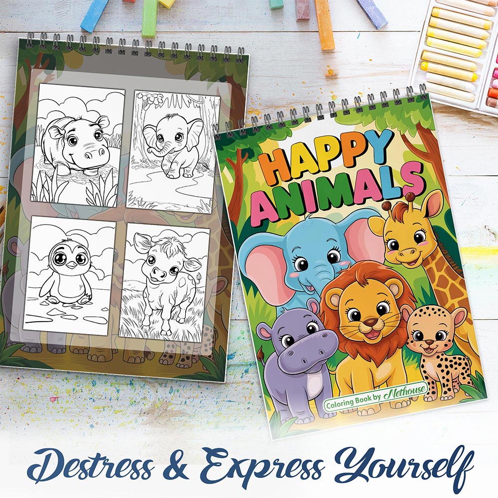 NETHOUSE Happy Animals Spiral Coloring Book For Adults