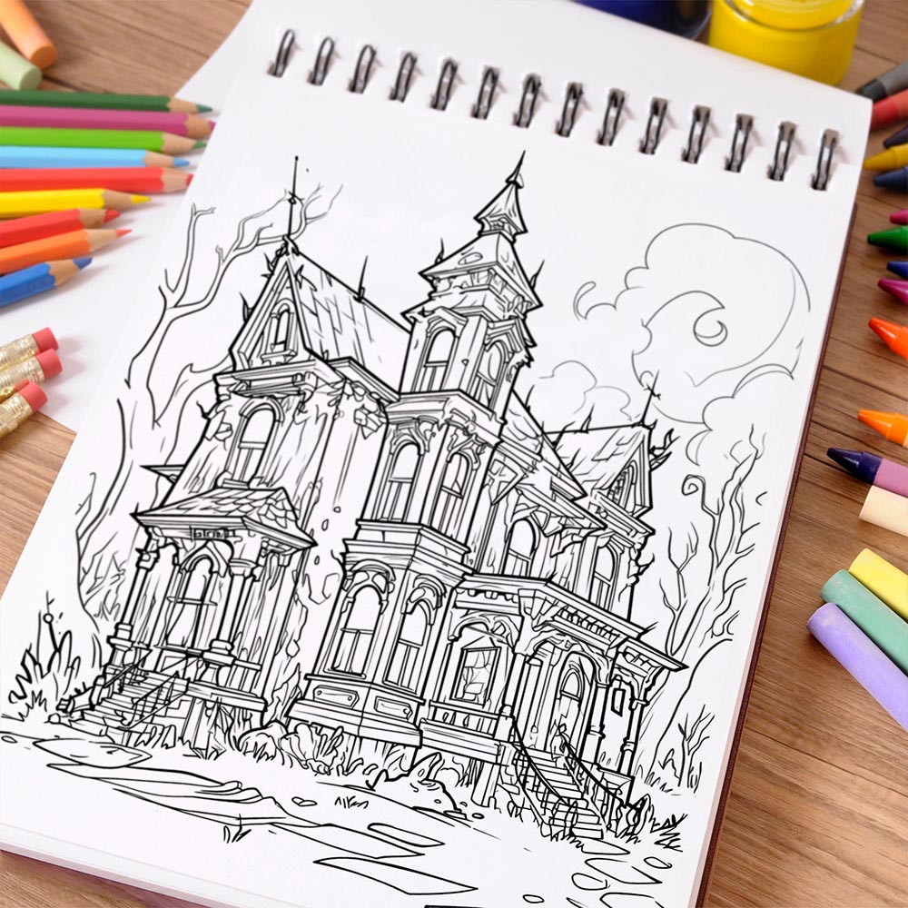 NETHOUSE Haunted House Coloring Book Spiral Bound For Adults