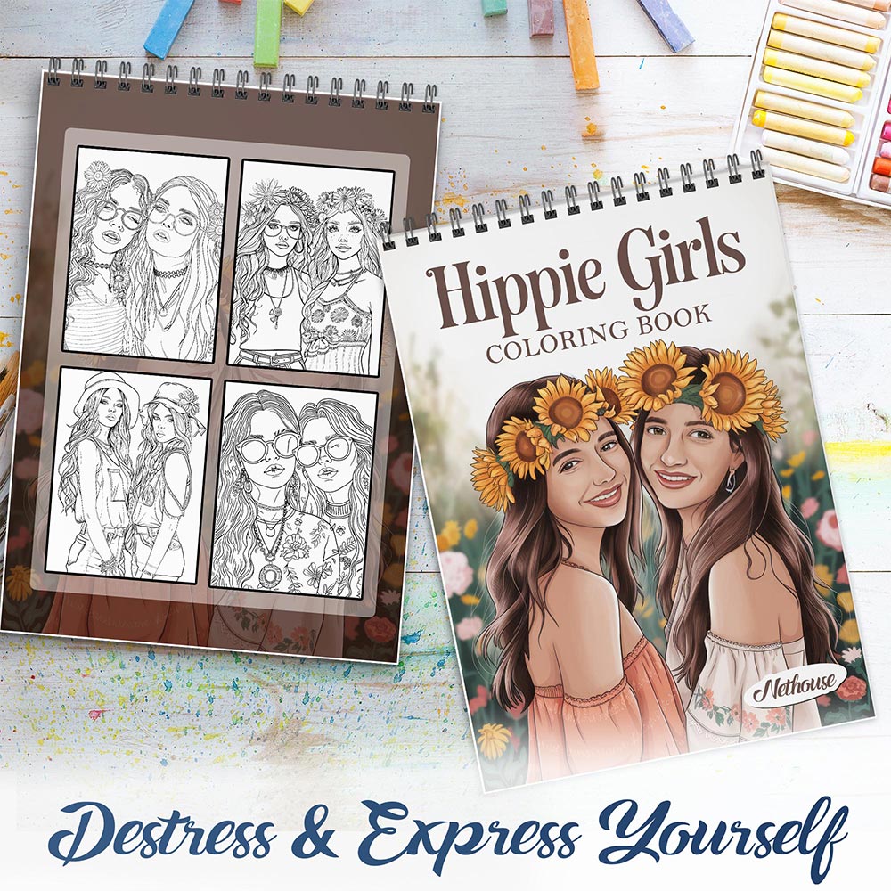NETHOUSE Hippie Girls Spiral Coloring Book For Adults