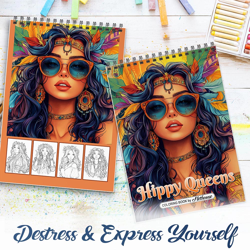 NETHOUSE Hippy Queens Spiral Coloring Book for Adults