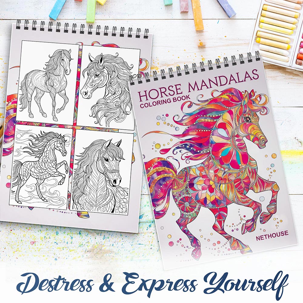 NETHOUSE Horse Mandalas Spiral Coloring Book for Adults