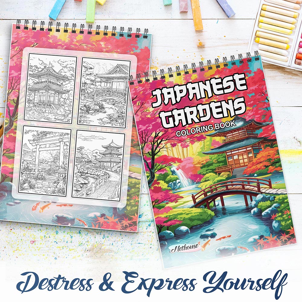 NETHOUSE Japanese Gardens Spiral Coloring Book for Adults