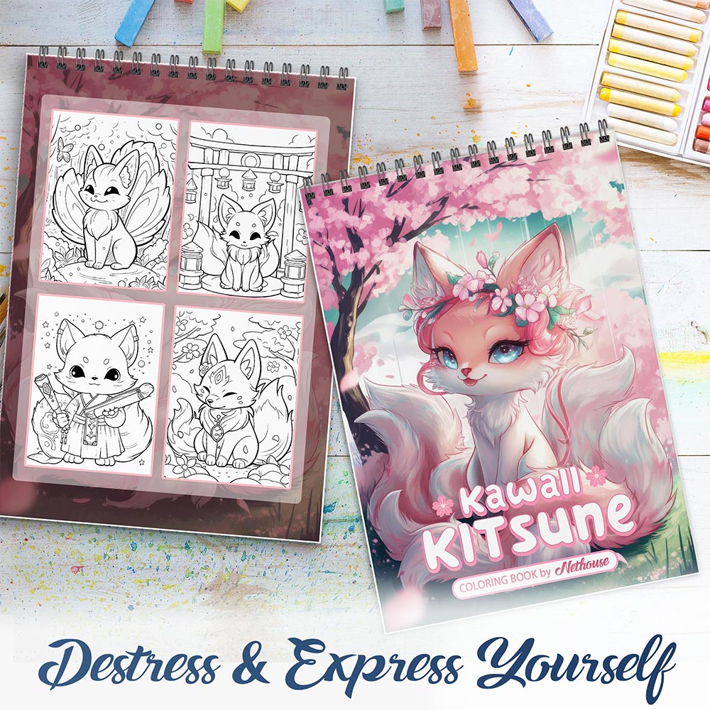 NETHOUSE Kawaii Kitsune Spiral Coloring Book For Adults