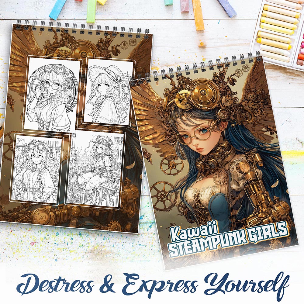 NETHOUSE Kawaii Steampunk Girls Spiral Coloring Book For Adults