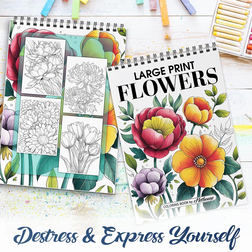 NETHOUSE Large Print Flowers Spiral Coloring Book for Adults