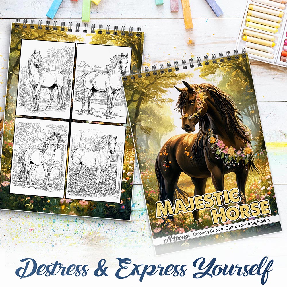 NETHOUSE Majestic Horse Spiral Coloring Book for Adults