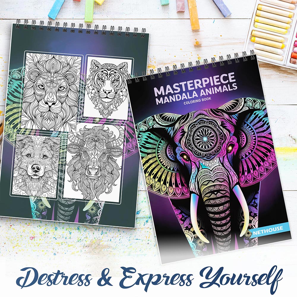 NETHOUSE Masterpiece Mandala Animals Spiral Coloring Book for Adults