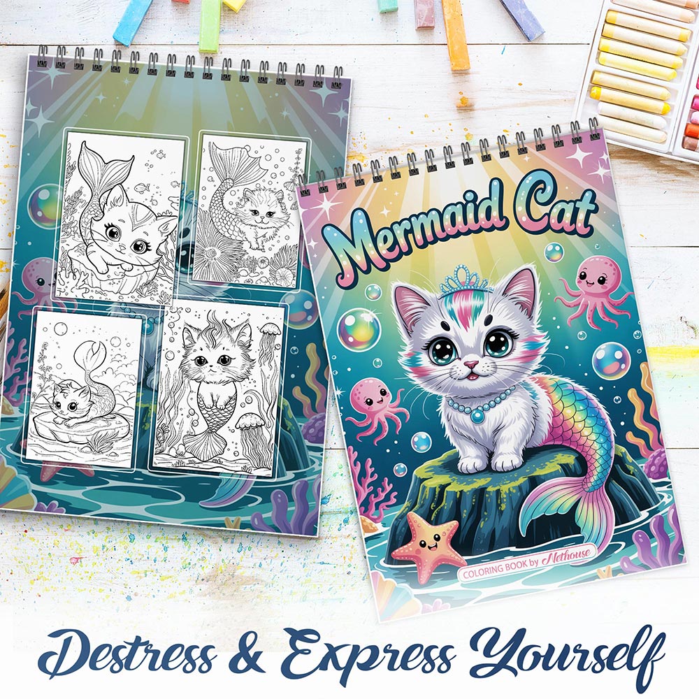NETHOUSE Mermaid Cat Spiral Coloring Book For Adults