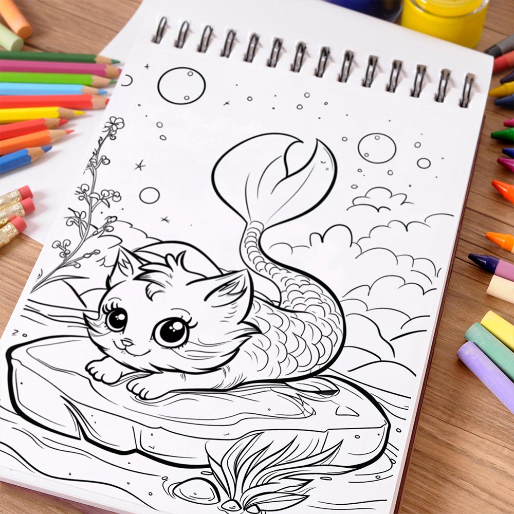 NETHOUSE Mermaid Cat Coloring Book Spiral Bound For Adults