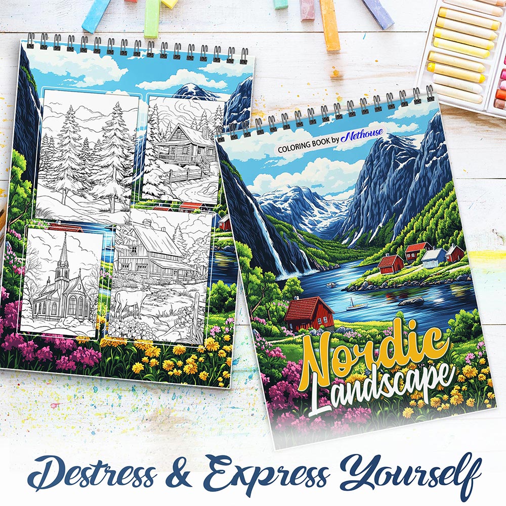 NETHOUSE Nordic Landscape Spiral Coloring Book for Adults