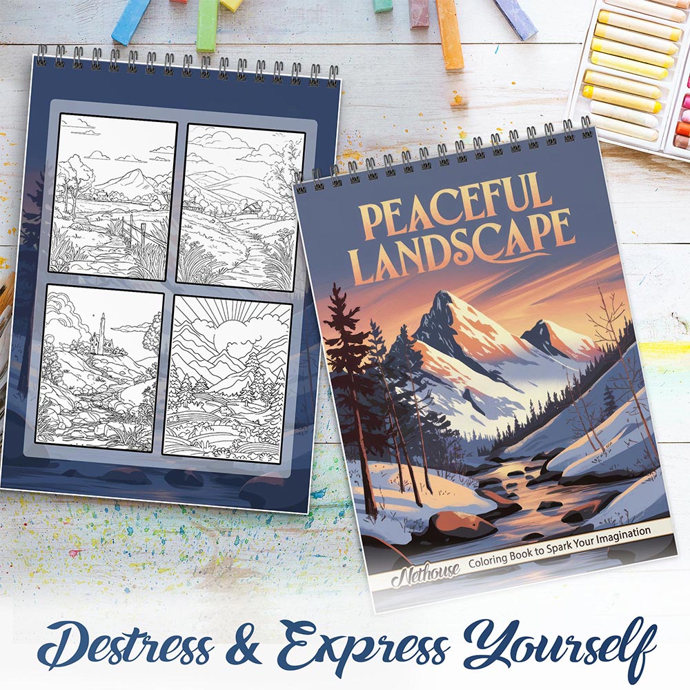 NETHOUSE Peaceful Landscape Spiral Coloring Book For Adults