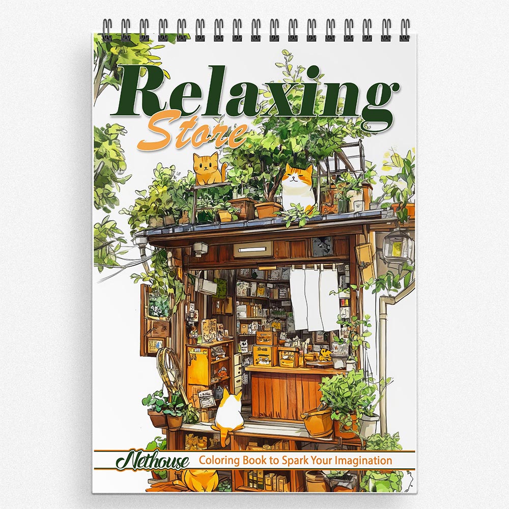 NETHOUSE Relaxing Store Coloring Book For Adults Relaxation & Stress Relief, 30 Coloring Pages of Cozy Shops, Calm Market Scenes, Peaceful Storefronts, and Tranquil Shopping Adventures