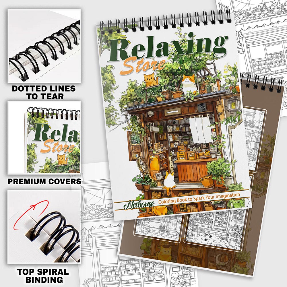 NETHOUSE Relaxing Store Coloring Book For Adults Relaxation & Stress Relief, 30 Coloring Pages of Cozy Shops, Calm Market Scenes, Peaceful Storefronts, and Tranquil Shopping Adventures