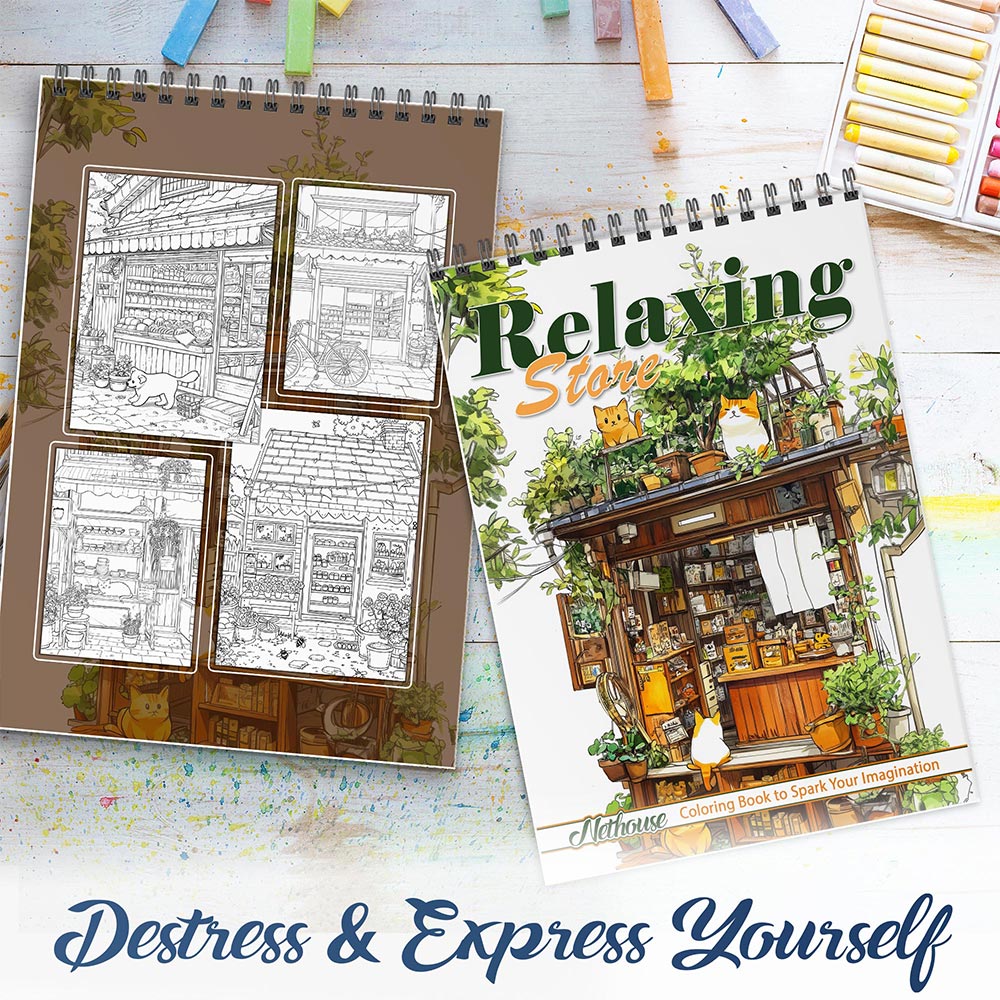 NETHOUSE Relaxing Store Coloring Book For Adults Relaxation & Stress Relief, 30 Coloring Pages of Cozy Shops, Calm Market Scenes, Peaceful Storefronts, and Tranquil Shopping Adventures