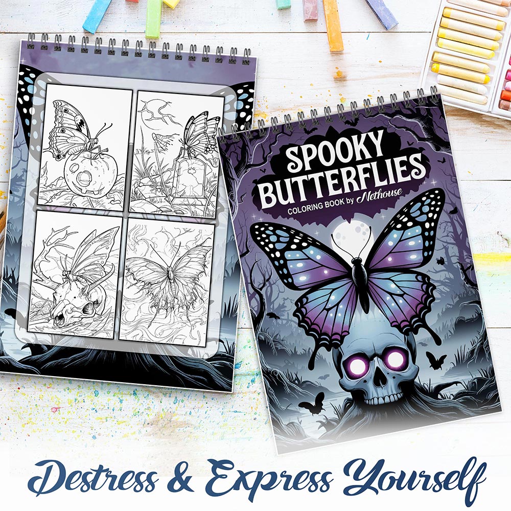 NETHOUSE Spooky Butterflies Spiral Coloring Book for Adults