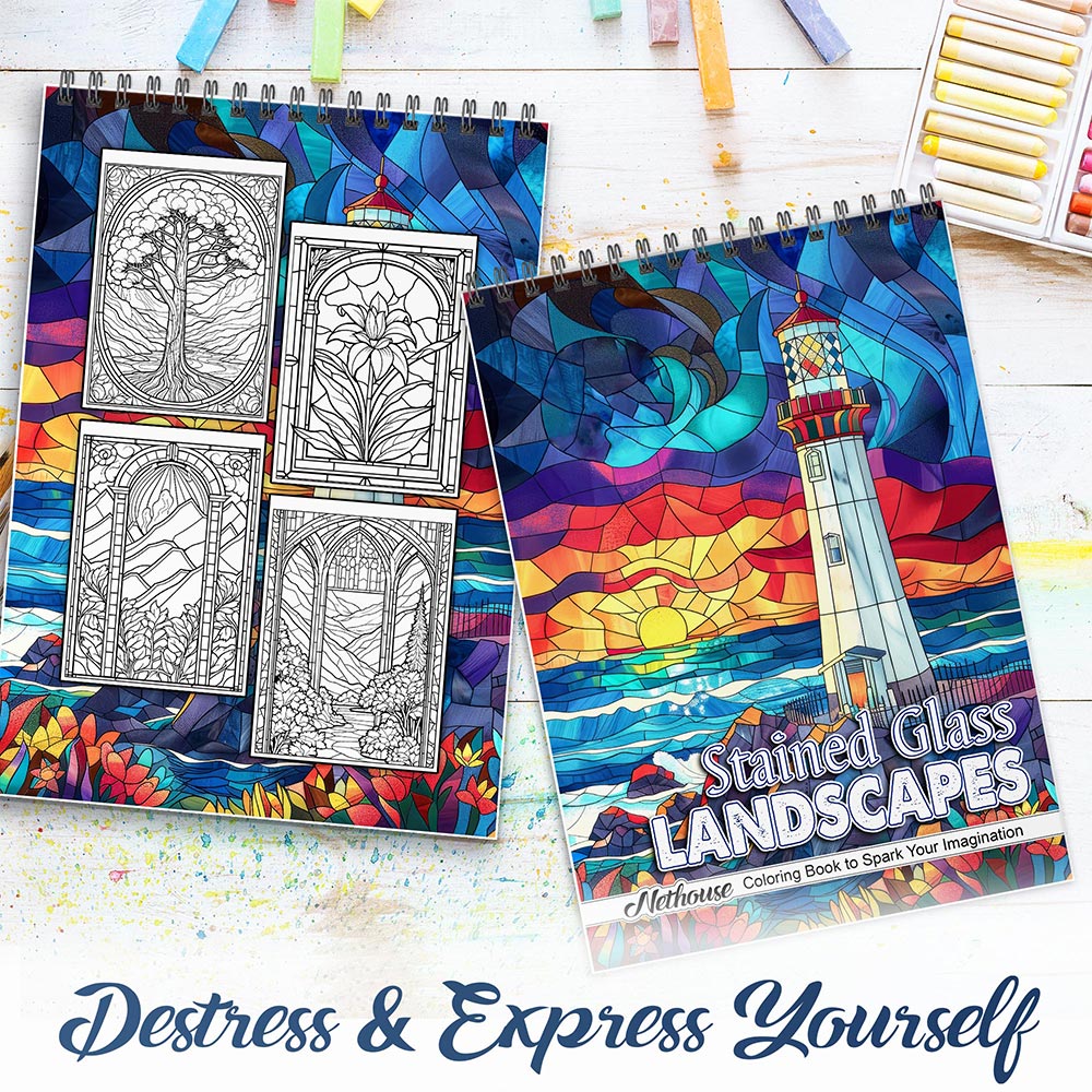 NETHOUSE Stained Glass Landscapes Spiral Coloring Book for Adults