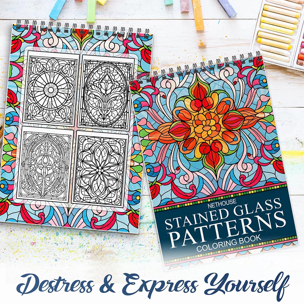 NETHOUSE Stained Glass Patterns Spiral Coloring Book for Adults
