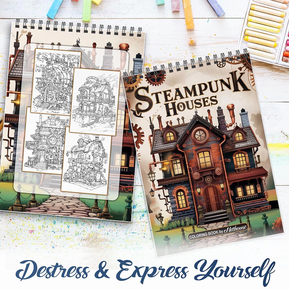 NETHOUSE Steampunk Houses Spiral Coloring Book for Adults