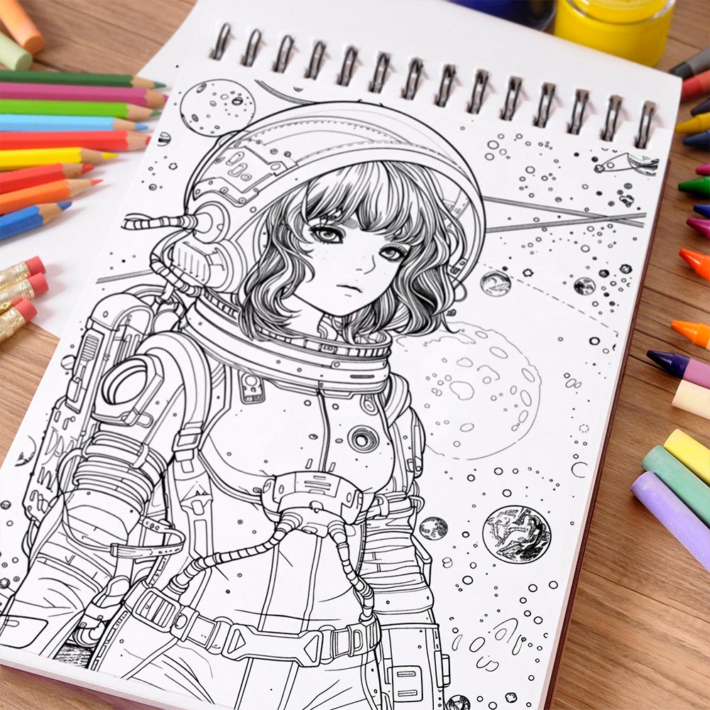 NETHOUSE Stress Relief Anime Space Girl Coloring Book Spiral Bound For Adults