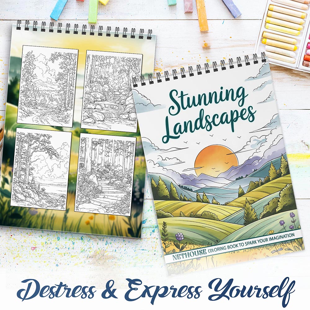 NETHOUSE Stunning Landscapes Spiral Coloring Book for Adults
