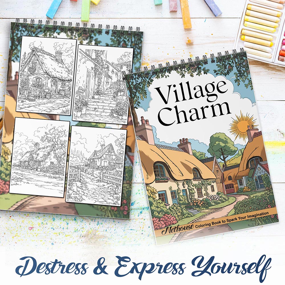 NETHOUSE Village Charm Spiral Coloring Book for Adults