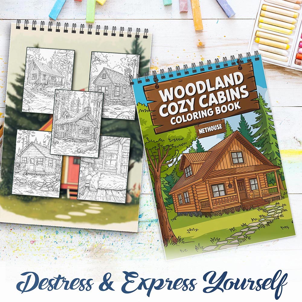 NETHOUSE Woodland Cozy Cabins Spiral Coloring Book for Adults