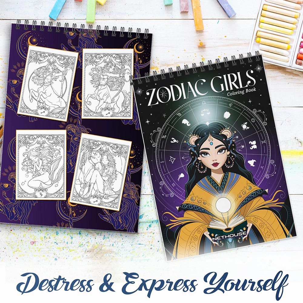 NETHOUSE Zodiac Girls Spiral Coloring Book for Adults