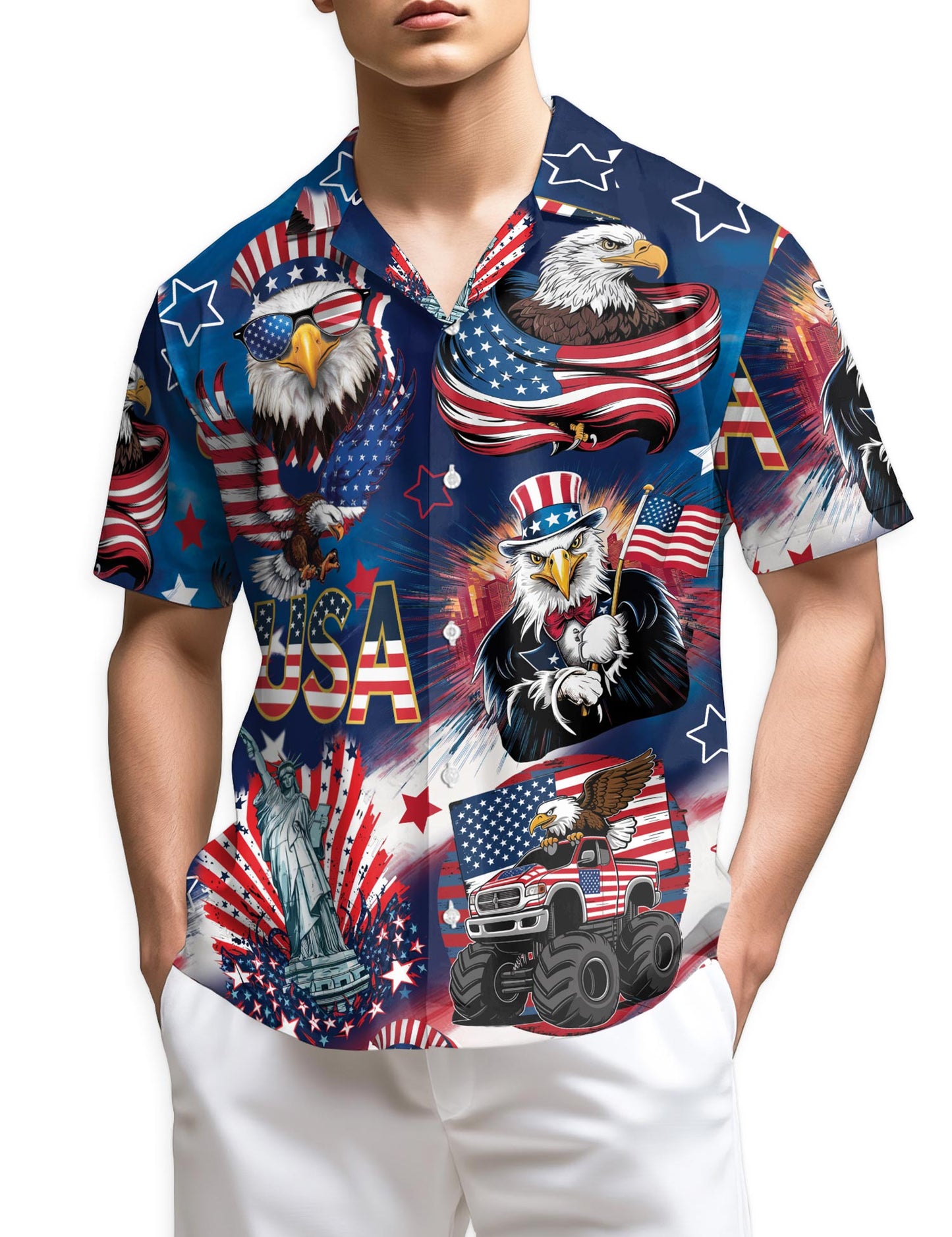 Netecom 4th of July America Flag Bald Eagle Hawaiian Shirt for Men