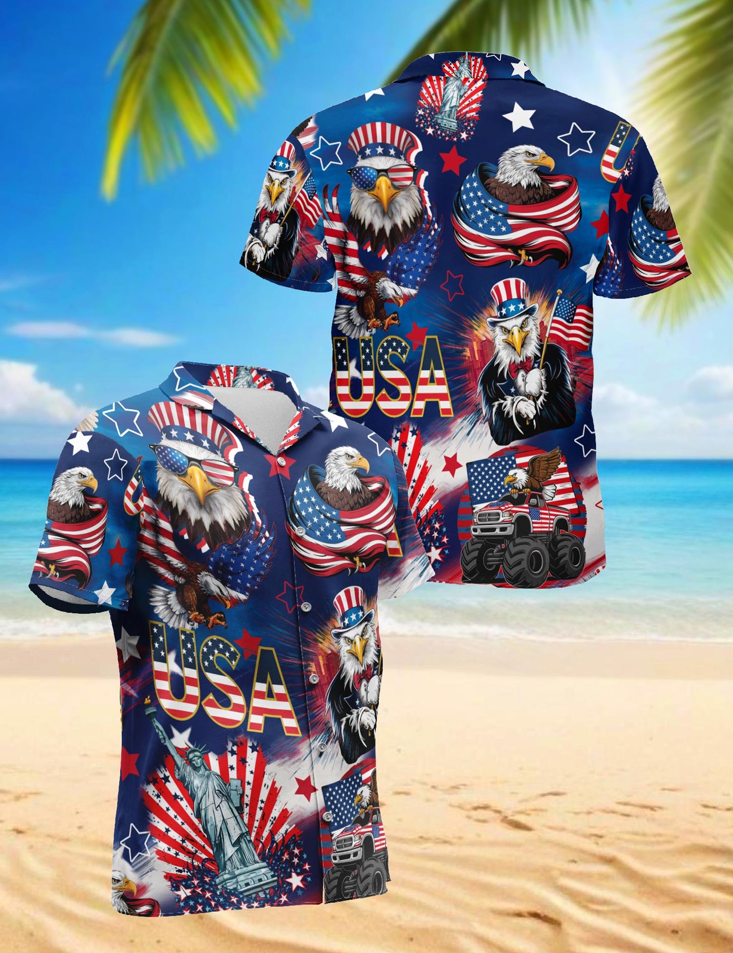 Netecom 4th of July America Flag Bald Eagle Hawaiian Shirt for Men, Summer Beach Aloha Button Down Short Sleeve Shirts, S-5XL