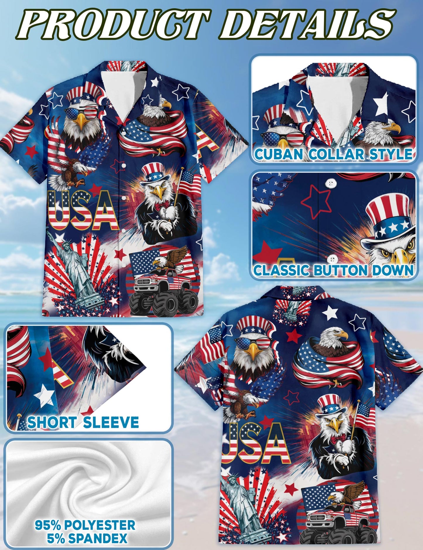 Netecom 4th of July America Flag Bald Eagle Hawaiian Shirt for Men, Summer Beach Aloha Button Down Short Sleeve Shirts, S-5XL