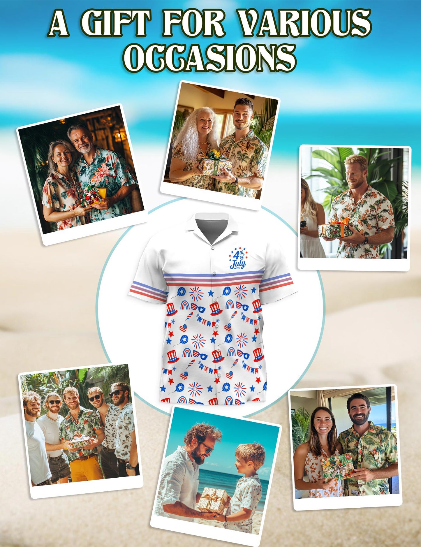 Netecom 4th of July Day Hawaiian Shirt for Men, Retro Style, Button Down Summer Beach Short Sleeve, S-5XL