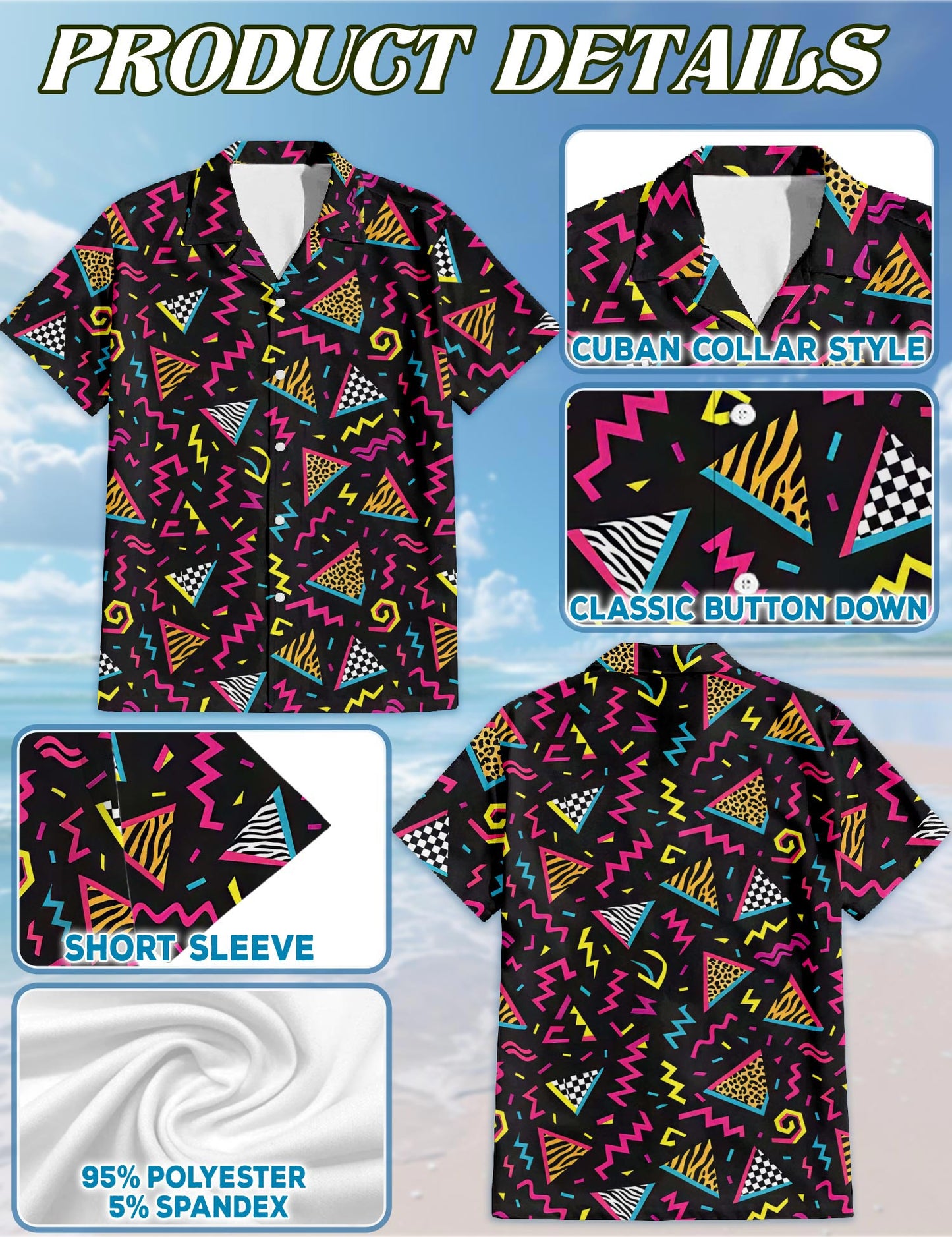 Netecom 80s Pattern Hawaiian Shirt for Men, Vintage Style, Button Down Summer Beach Short Sleeve, S-5XL