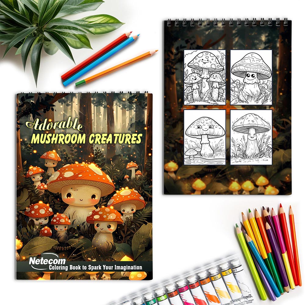 Netecom Adorable Mushroom Creatures Spiral Coloring Book for Adults