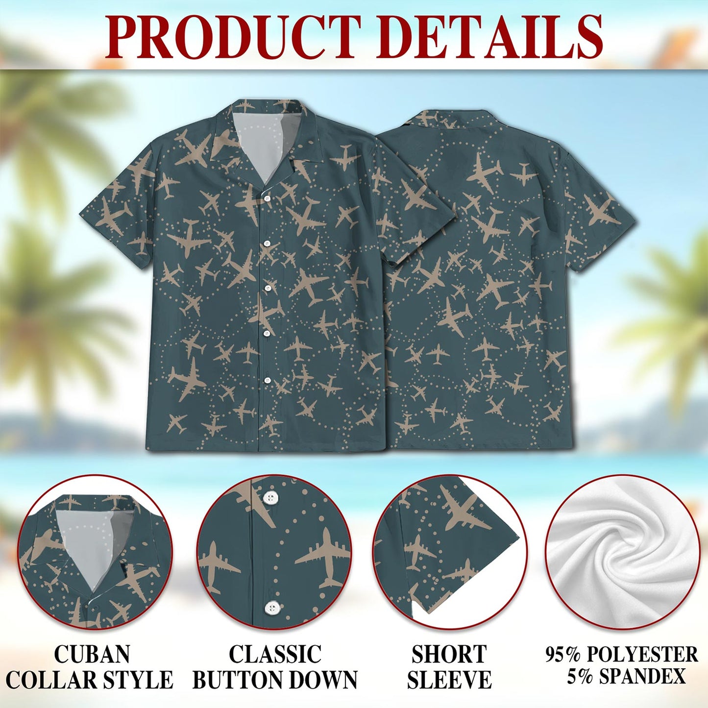 Netecom Airplane Hawaiian Shirt for Men, Button Down Summer Beach Short Sleeve, Vintage Style, Sizes S-5XL