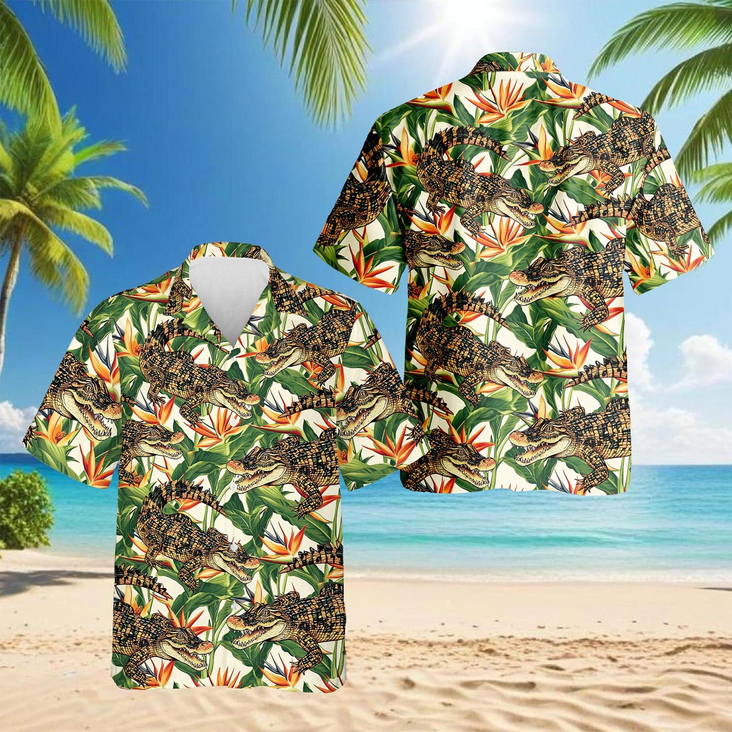 Netecom Alligator Hawaiian Shirt for Men, Button Down Summer Beach Short Sleeve, Tropical Style, Sizes S-5XL