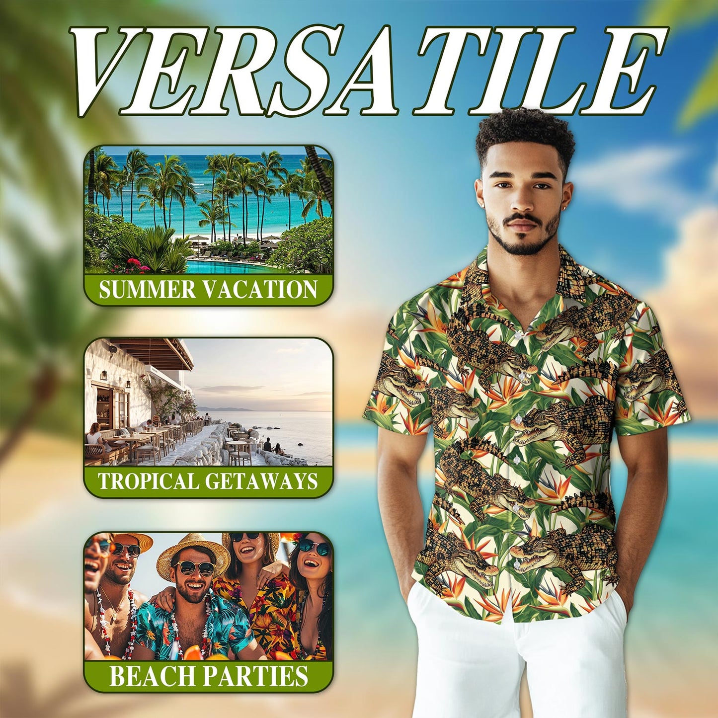 Netecom Alligator Hawaiian Shirt for Men, Button Down Summer Beach Short Sleeve, Tropical Style, Sizes S-5XL