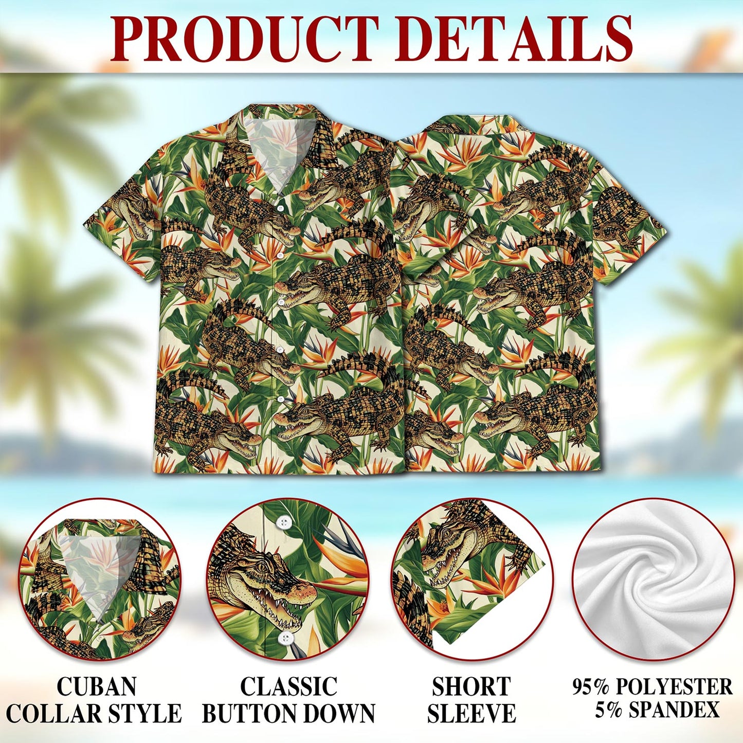 Netecom Alligator Hawaiian Shirt for Men, Button Down Summer Beach Short Sleeve, Tropical Style, Sizes S-5XL