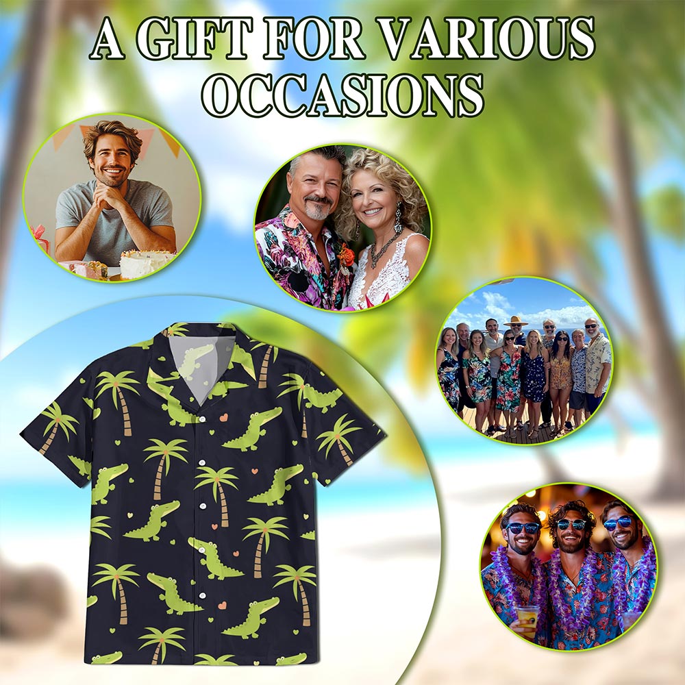 Netecom Alligator Pattern Print Hawaiian Shirt for Men, Button Down Summer Beach Short Sleeve, Tropical Style, Sizes S-5XL