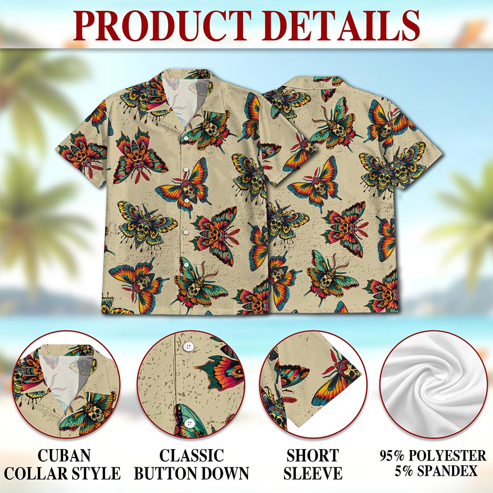 Netecom Amazing Butterfly Skull Hawaiian Shirt for Men, Vintage Style, Button Down Summer Beach Short Sleeve, S-5XL