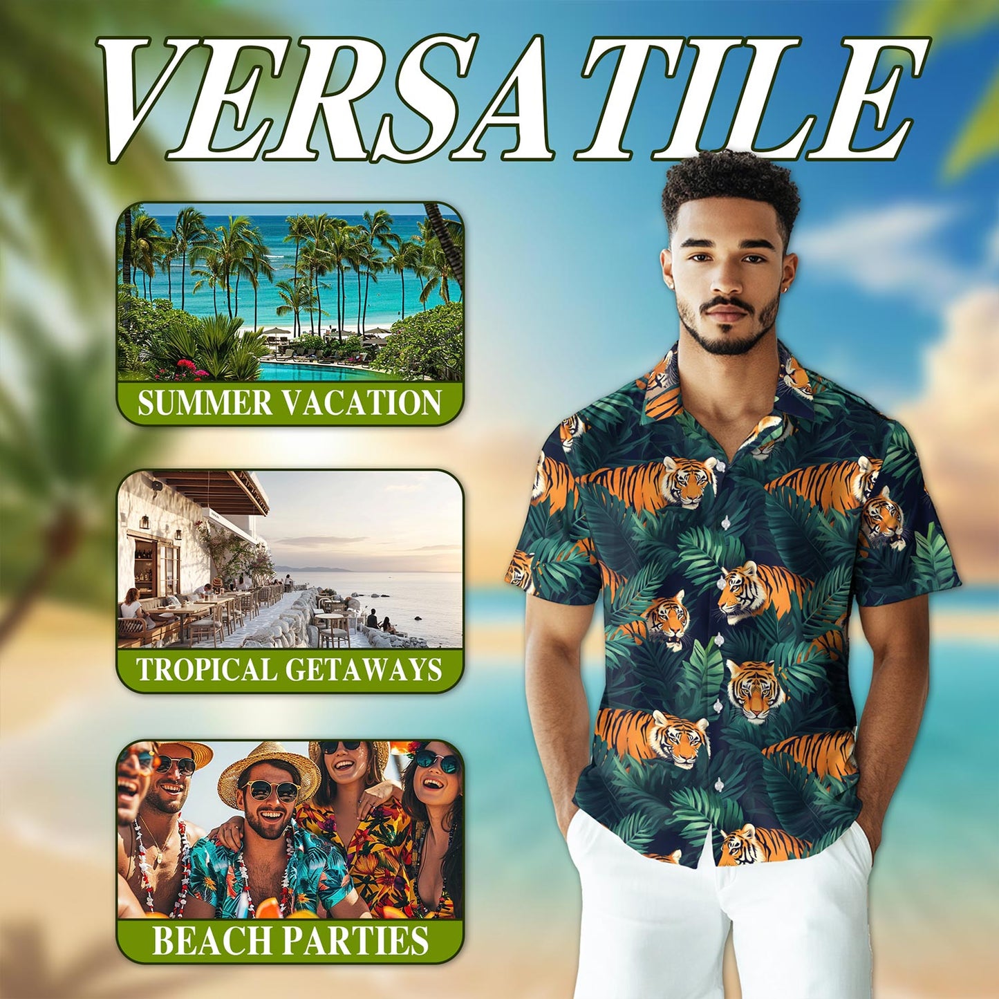 Netecom Amazing Tiger Hawaiian Shirt for Men, Button Down Summer Beach Short Sleeve, Tropical Style, Sizes S-5XL