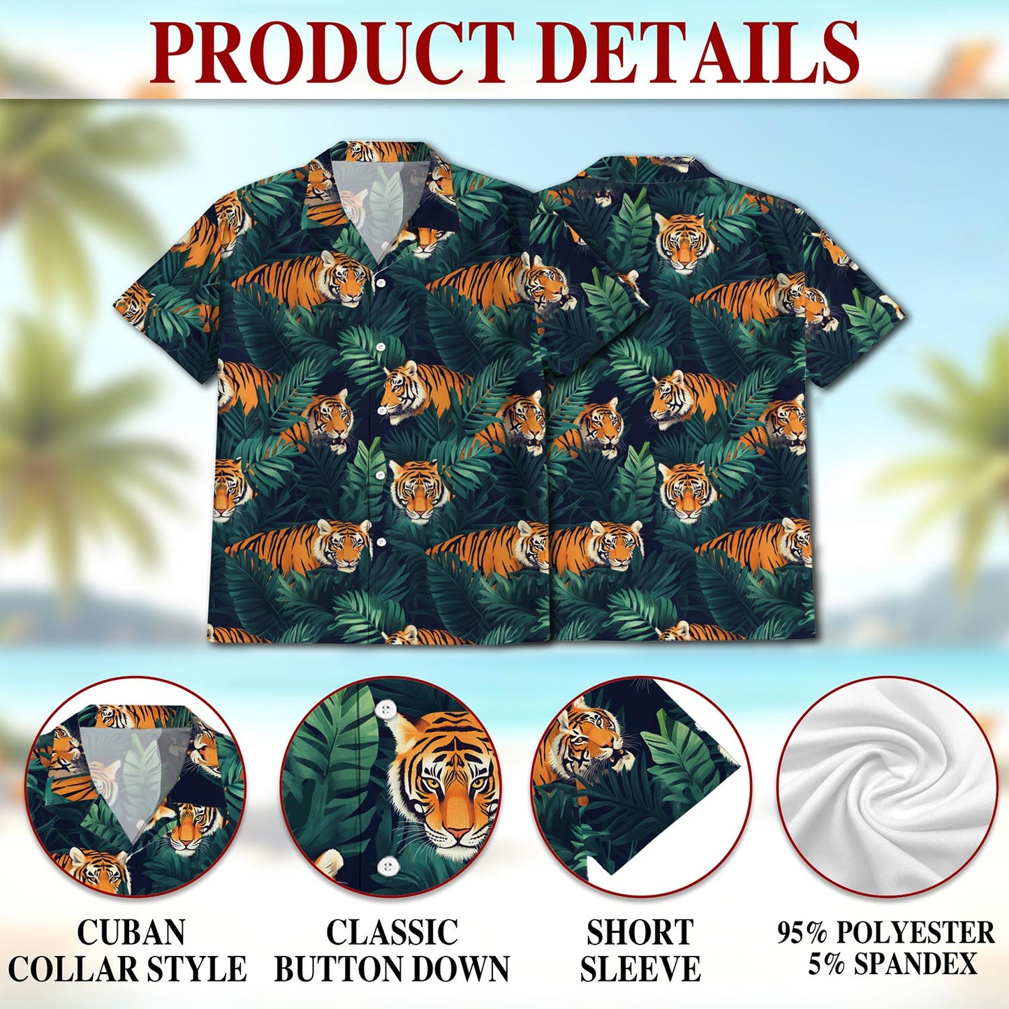Netecom Amazing Tiger Hawaiian Shirt for Men, Button Down Summer Beach Short Sleeve, Tropical Style, Sizes S-5XL