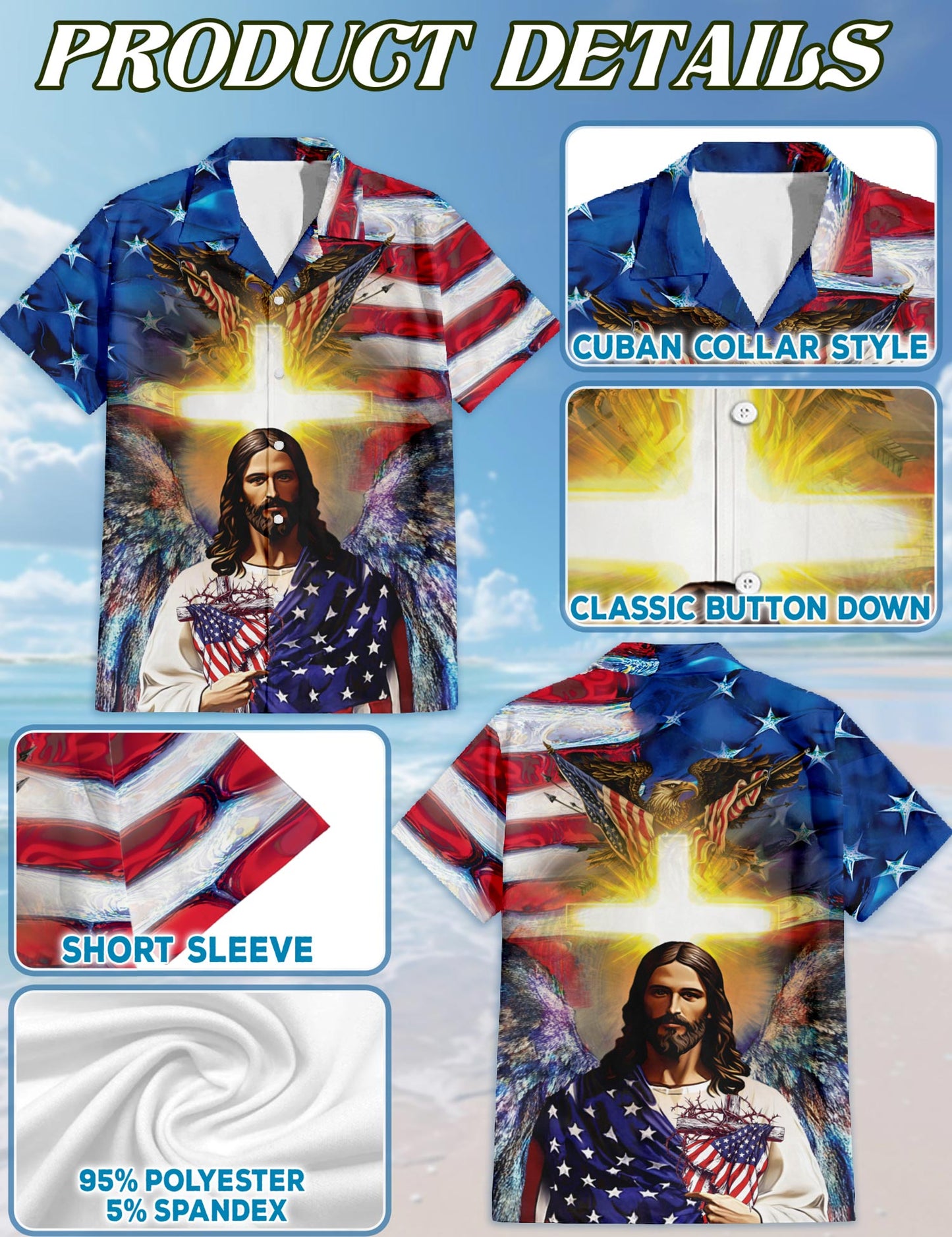Netecom America And Jesus Bless Hawaiian Shirt for Men, Button Down Summer Beach Short Sleeve, S-5XL