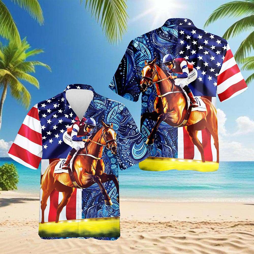 Netecom American Horse Racing Hawaiian Shirt for Men, Button Down Summer Beach Short Sleeve, S-5XL