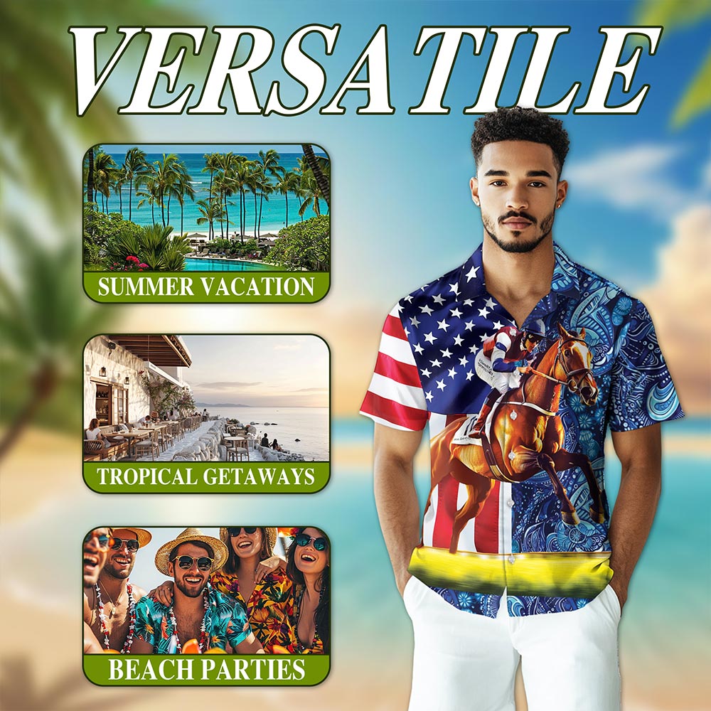 Netecom American Horse Racing Hawaiian Shirt for Men, Button Down Summer Beach Short Sleeve, S-5XL